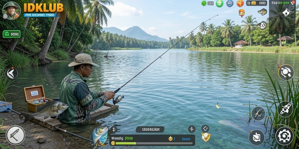 Gameplay memancing seru di IDKLUB dengan banyak ikan dan alat pancing.