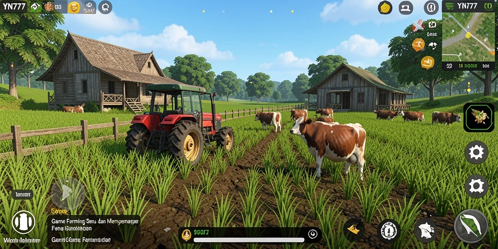 Tampilan gameplay YN777 saat bercocok tanam dan merawat hewan.